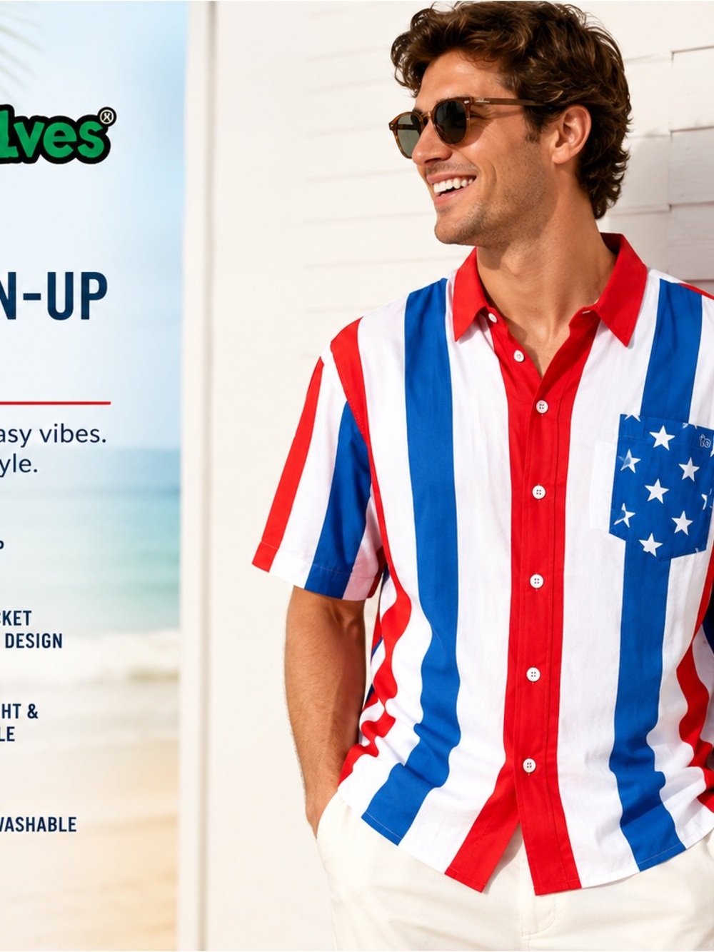 Tipsy Elves Red, White & Blue Striped Short-Sleeve Button-Down Shirt